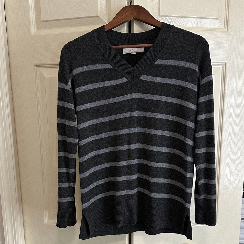 LOFT Charcoal and Light Gray Striped V-Neck Sweater